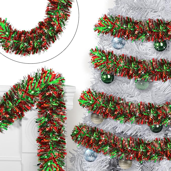 50ft Metallic Tinsel Garland - Christmas Tree Hanging Decorations for Indoor/Outdoor Use (Red, Green, Black)