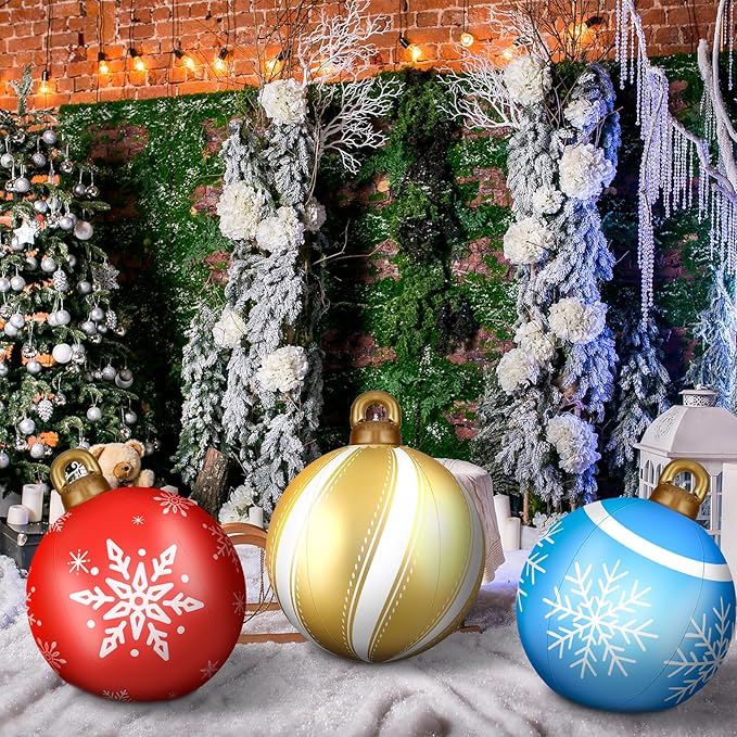 Jetec 4 Pcs Giant Inflatable Christmas Ball Large Xmas Inflatable Ornaments PVC Outdoor Holiday Blow Ball Outside Yard Lawn Porch Decorations (Snowy,Festive Color)