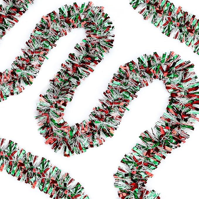 50FT Red Green White Christmas Tinsel Garland Metallic Twist Shiny for Christmas Tree Decorations, Xmas Holiday Hanging for Home Mantle Stair Indoor Outdoor Party Supplies Decor