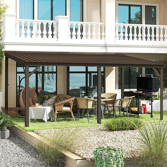 Domi 12' x 16' Lean to Gazebo, Wall Mounted Gazebos Pergola with Built in Drainage System, Galvanized Steel Roof, Hardtop Patio Shelter for Deck, Porch, Backyard and More,Brown