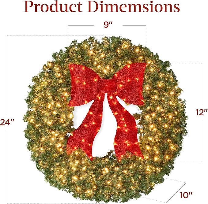 Best Choice Products 24in Large Artificial Pre-Lit Fir Christmas Wreath Holiday Accent Decoration for Door, Mantel w/Red Lighted Bow, 70 LED Lights, 100 PVC Tips, Battery Operated