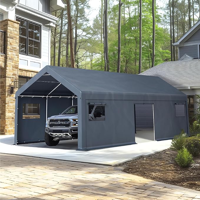 Sophia & William Carport Storage Shed 13x24 ft Portable, Heavy Duty Car Port Canopy Garage Shelter with Sidewalls and Roll Up Doors for Automobile Boat Motorcycle Bike, Gray