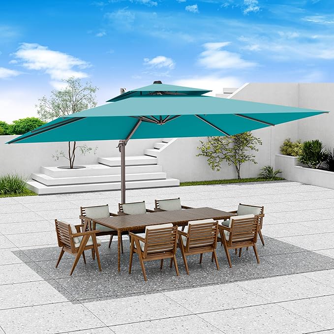 10x13 FT Patio Umbrella, Large Cantilever Rectangular Double Top Heavy Duty Offset Umbrellas with 360° Rotation, Outdoor shade for Garden Deck Pool Patio, Turquoise