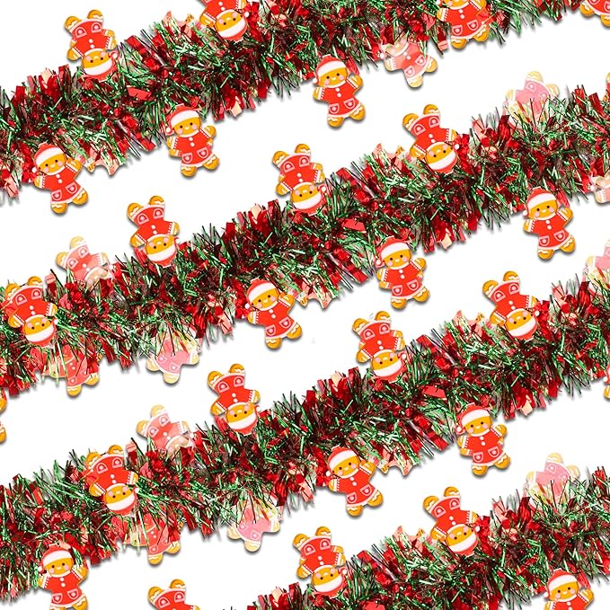 50FT Red Green Christmas Tinsel Garland with Gingerbread Man Ornaments, Metallic Xmas Christmas Tree Garland Decorations Indoor Outdoor for Home Fireplace Mantle Stair Office Class Party Holiday Decor
