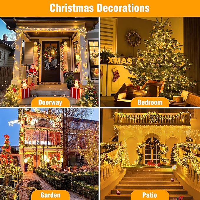 Outdoor String Lights 99FT 300 LED Connectable 8 Modes with Timer Decorative String Lights for Xmas Tree Patio Party Warm White