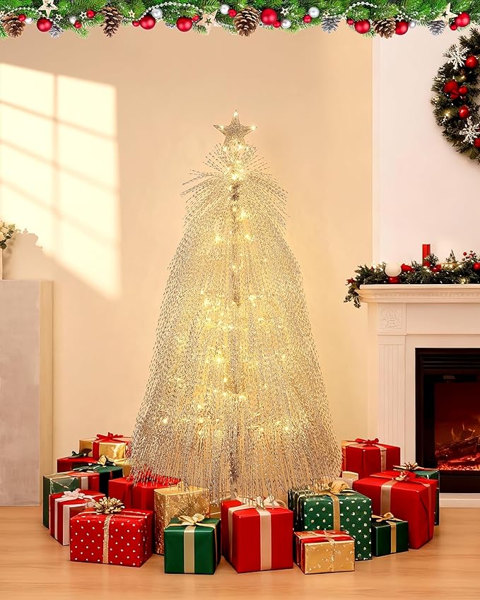 6.5ft Pre-Lit Artificial Christmas Tree, Christmas Tree with 180 LED Lights, 8 Lighting Modes, 2800 Tinsel Branches, Perfect for Indoor, Home, Party, Office, Apartment Decoration (Silver)