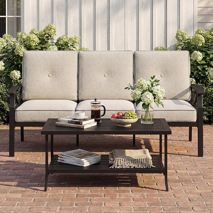 3 Seats Outdoor Patio Furniture Set, Outdoor Metal Sectional Furniture with Cushions, Outdoor Conversation Set with Coffee Table for Garden, Deck, Balcony, Backyard, Black