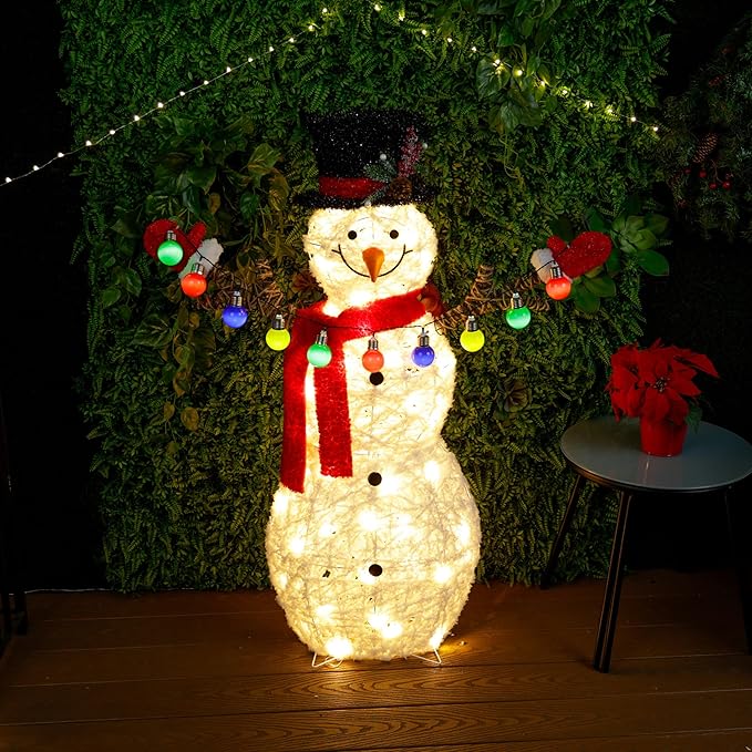 Alpine Corporation CHT972, White Mesh Fabric 3D Snowman Holding Christmas Lights with 60 Warm White LED Lights - Large 4 Feet Tall Indoor/Outdoor Holiday Décor, Christmas Decoration