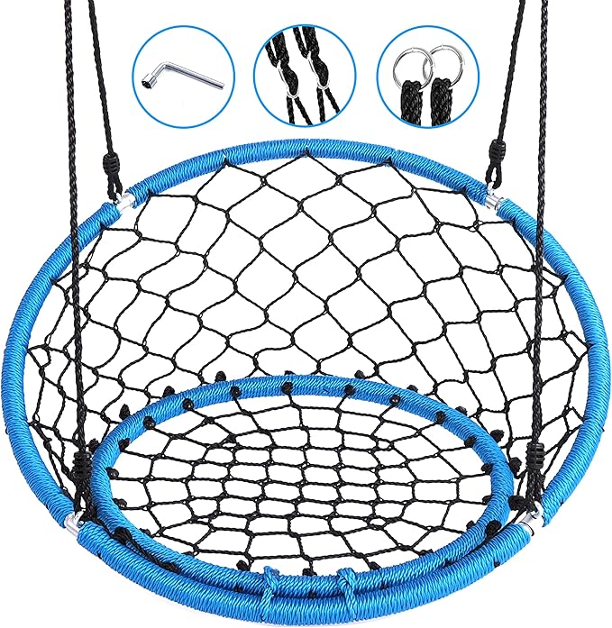 SereneLife Hanging Netted Seat Swing - 35.5 Inch Kids Indoor Outdoor Yard Round Circle Saucer Swing for Trees or Swing Sets - All Season UV Resistant Rope Swing Net Seat - SLSWNG125