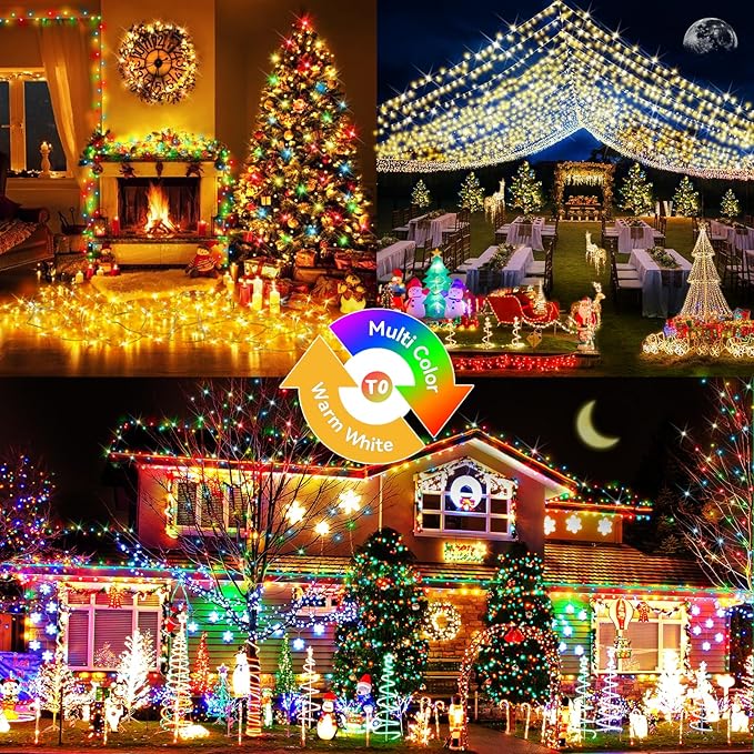 Hezbjiti 108FT 300 LED Color Changing Christmas Lights Outdoor, 11 Modes String Lights IP44 Waterproof Fairy Lights for Party Tree Yard Porch Wedding (Multicolor to Warm White, Clear Wire)