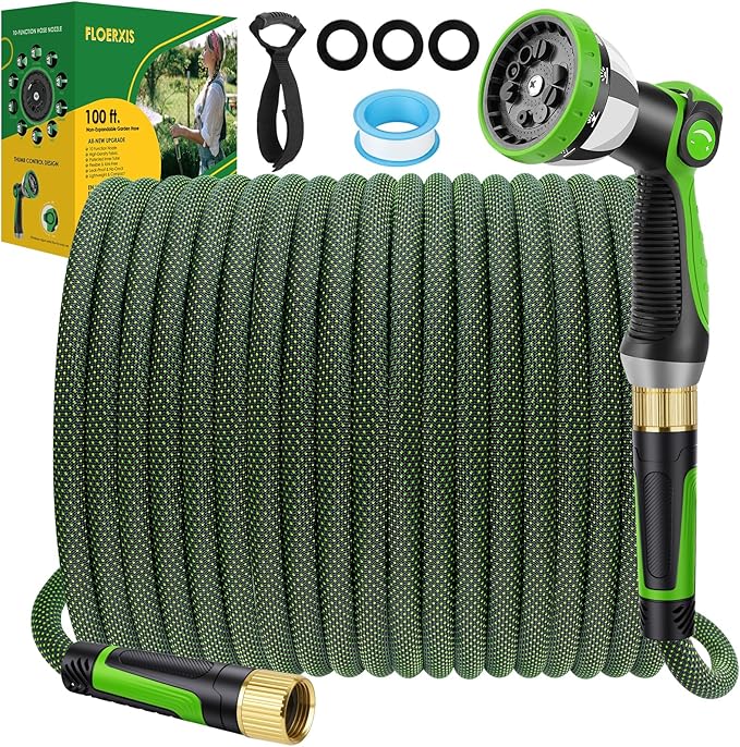 Non-Expandable Garden Hose 100 FT, Lightweight Hose with 10 Function Spray Nozzle, Kink-Free Flexible Water Hose, Durable, Leak-Proof, 360¡Æ Swivel Connectors, Portable Storage Strap