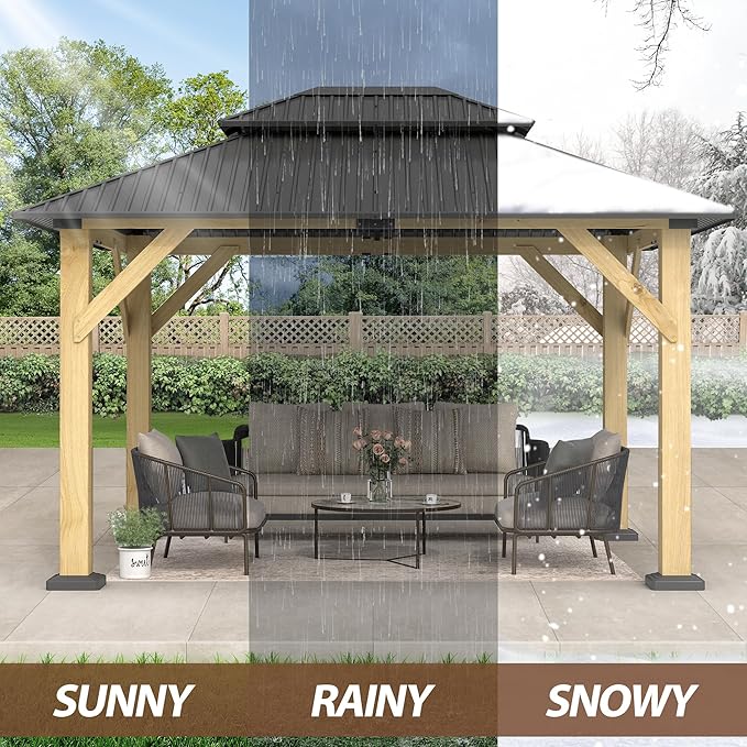 10 x 12 FT Wood Gazebo,Outdoor Wooden Hardtop Gazebo with Galvanized Steel Doule Roof,Cedar Wood Frame Gazebos for Patio Backyard Deck