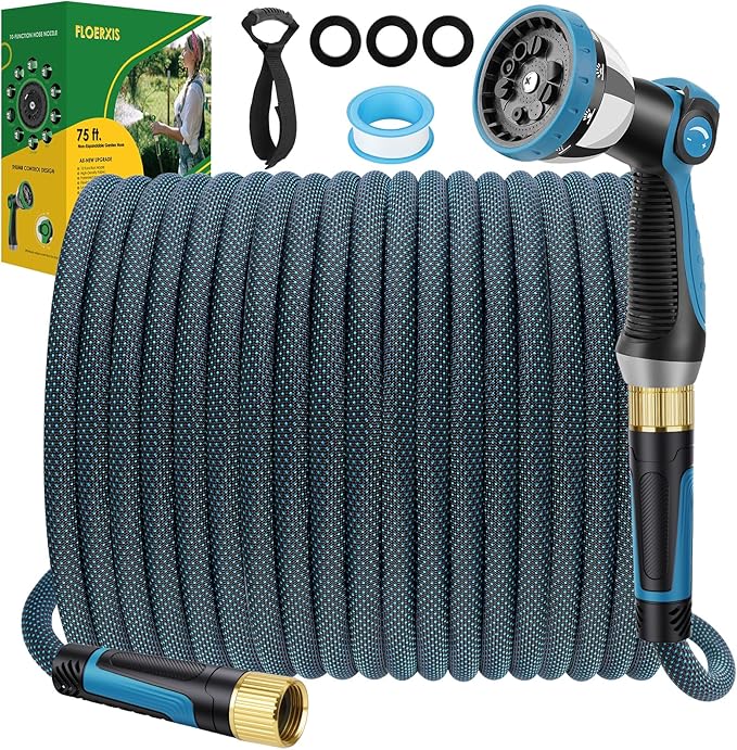 Non-Expandable Garden Hose 75 FT, Lightweight Hose with 10 Function Spray Nozzle, Kink-Free Flexible Water Hose, Durable, Leak-Proof, 360¡Æ Swivel Connectors, Portable Storage Strap