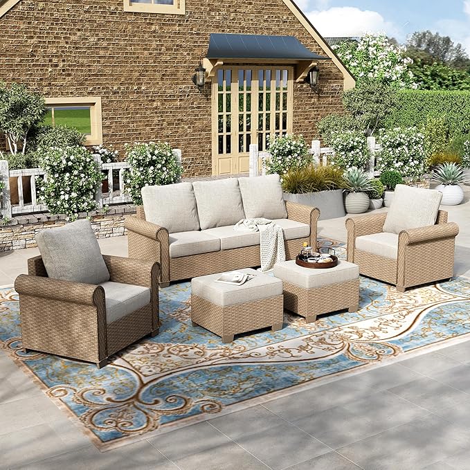 HERA'S HOUSE 5 Pieces Patio Furniture Set, All Weather 7 Seats Outdoor Wicker Sofa with Ottoman, 5.5" Thick Waterproof Cushion Conversation Set for Garden Deck Backyard, Beige