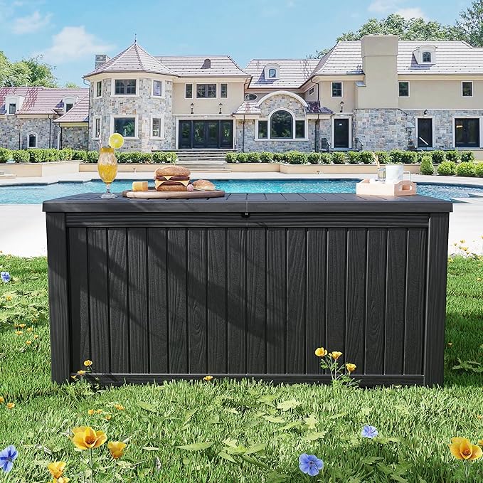 Mersco 200 Gallon Double-Wall Resin Deck Box - Lockable Waterproof Outdoor Storage Box, 1000lbs Capacity & Doubles as Seating for Patio Furniture - Garden Tools, Pool Accessories (Black)