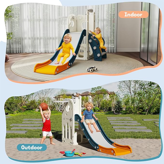6 in 1 Toddler Slide, Kids Slider for 1-3, Indoor Outdoor Playset Playground with Basketball Hoop, Storage, Climber and Telescope, Great Gift for Baby & Child, Green and Yellow