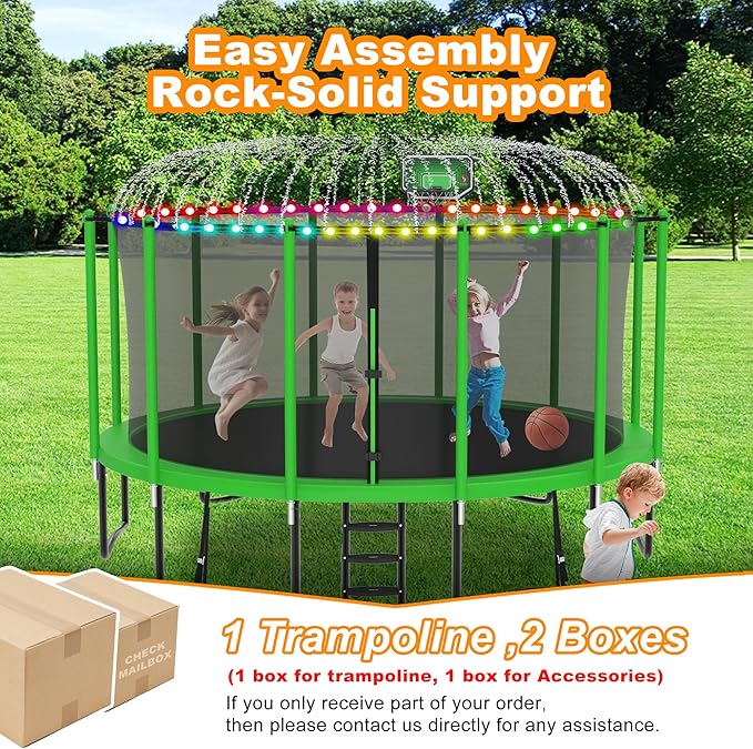 DeepRoar 2026 Upgraded 8FT 10FT 12FT 14FT 15FT 16FT Outdoor Tranpoline for Kids, Big tranpoline with Basketball Hoop, Lights, Sprinkler & Socks, Heavy Duty tranpoline 1500LB, ASTM Approved Tranpoing