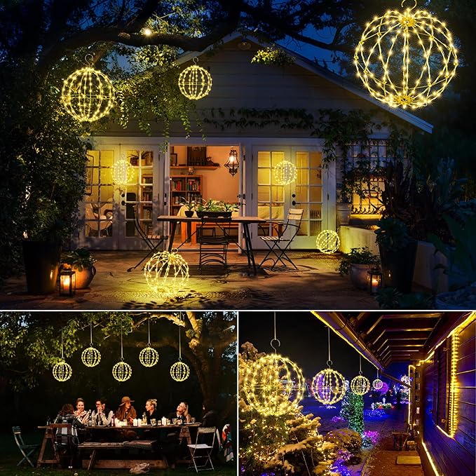 Joomer 2 Pack Christmas Big Ball Lights, 20IN & 18IN Foldable Metal Sphere Lights Waterproof with Timer, Plug-in Hanging Tree Globe Light for Christmas Decorations-Warm White (Non-connectable)