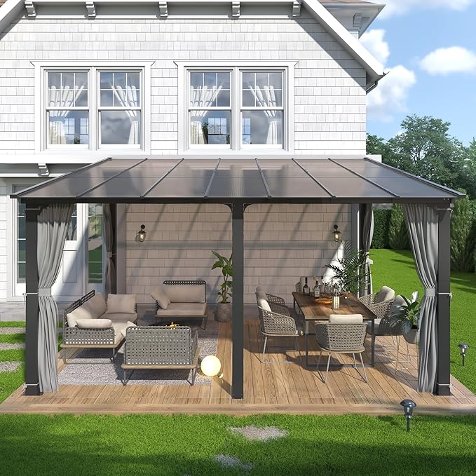 GARTOO 12’ x 14’ Gazebo for Patio - Aluminum Lean to Gazebos Pergola with Sloping Roof, Outdoor Wall-Mounted Canopy Awnings to House for Patio, Garden, Lawn, Backyard Deck