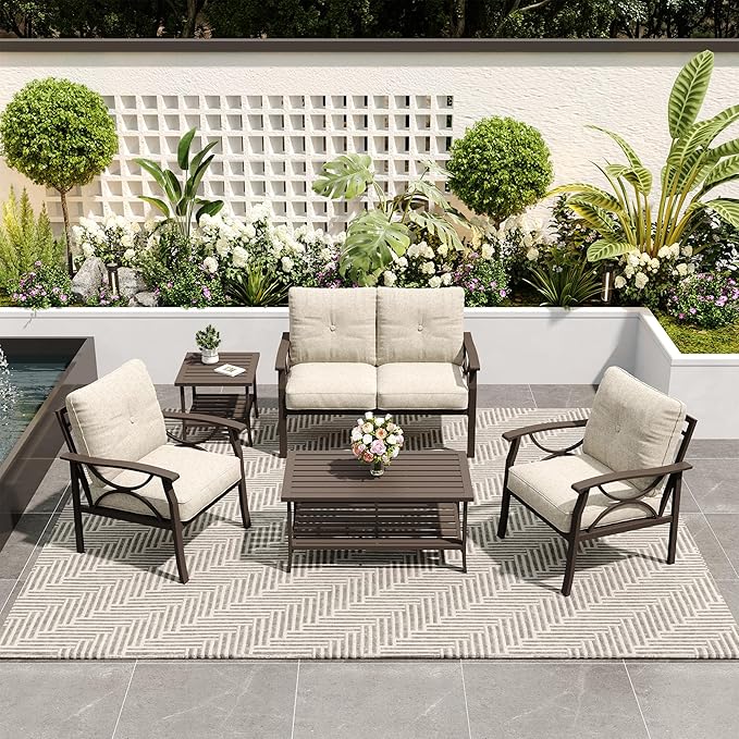 5-Piece Outdoor Patio Furniture Set, Outdoor Metal Sectional Furniture with Cushions, Outdoor Conversation Seating Set with Side Table for Backyard, Garden, Balcony, Deck, Khaki