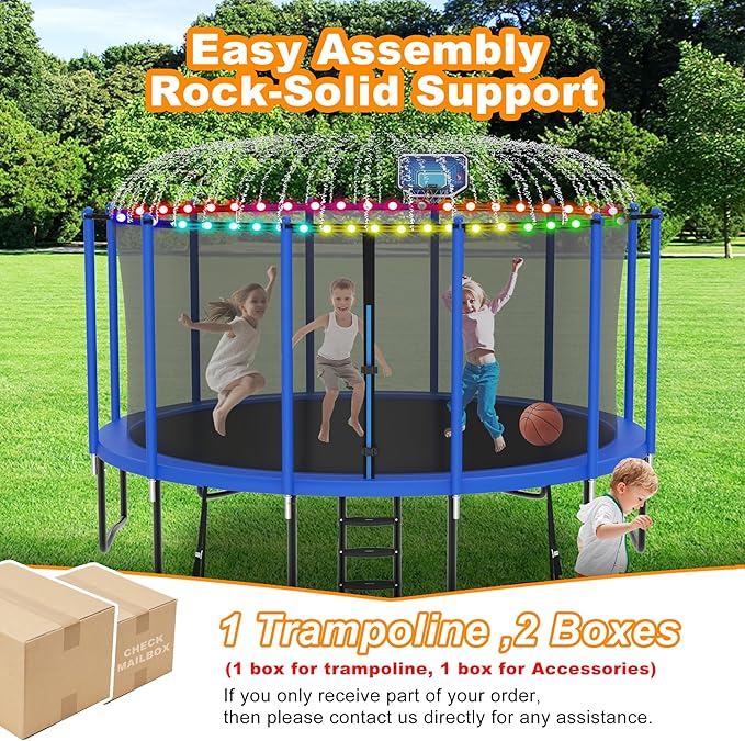 DeepRoar 2026 Upgraded 8FT 10FT 12FT 14FT 15FT 16FT Outdoor Tranpoline for Kids, Big tranpoline with Basketball Hoop, Lights, Sprinkler & Socks, Heavy Duty tranpoline 1500LB, ASTM Approved Tranpoing