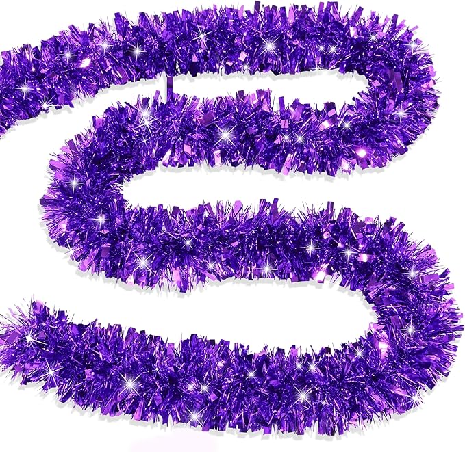 50FT Purple Christmas Tinsel Garland Metallic Twist Xmas Garland for Christmas Tree Decorations Holiday Hanging Garlands for Mantel Staircase Indoor Outdoor Home Office Class Party Holiday Decor