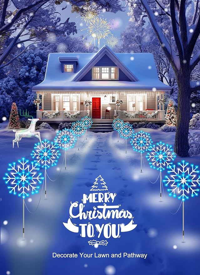 Brightown Snowflake Lights Outdoor,Total 20-Pack Snowflake Christmas Pathway Lights Outdoor Christmas Decorations Yard Sidewalk Walkway Driveway Marker Stake, Blue & White