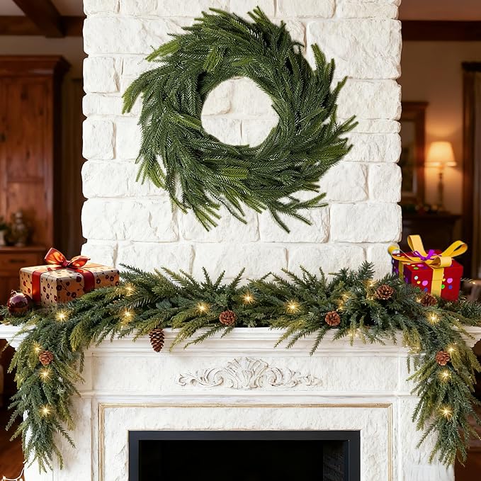 6 Ft Norfolk Pine Garland, Christmas Garland with Lights Automatic ON/Off, Christmas Decorations Indoor Outdoor, Real Touch Artificial Cedar Garland for Table, Fireplace, Mantle, Wall