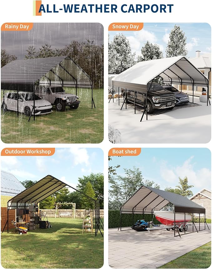 20'x20' Heavy Duty Car Ports Kit for Trucks, Boats, RV, Tractor, Reinforced Frame with Anchors, Easy Assembly