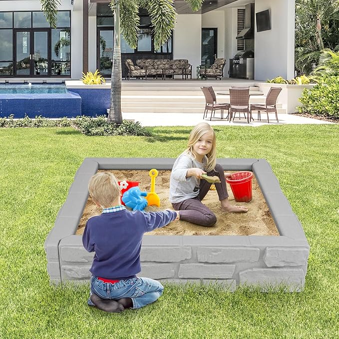 HONEY JOY Sandbox with Cover, 47 x 47 Inch Square Sand Pit for Backyard, Bottom Drainage Oxford Liner, HDPE Playful All Weather Resistant Sand Boxes for Kids Outdoor with Lid (Gray)