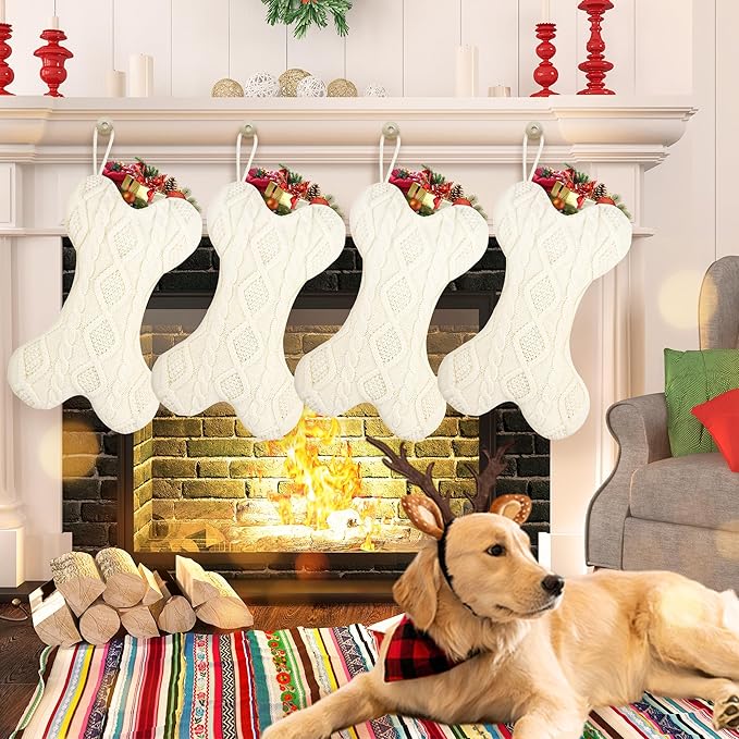 Dog Christmas Stocking, Knit White Christmas Stocking for Dogs, Bone Shape Dog Stocking Christmas Large Pet Stockings Hanging Dog Christmas Stocking for Christmas Decorations