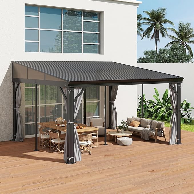 COVERONICS 12' X 14' Outdoor Lean to Gazebo - Wall-Mounted Aluminum Frame Gazebo with Slope Metal Roof, Patio Heavy-Duty Lean to Pergola with Netting & Curtains for Garden, Backyard, Deck