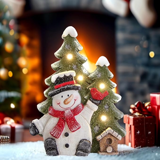 Christmas Snowman Decor with Led Lights,Snowman Statues and Figurines for Indoor Christmas Decorations,Winter Holiday Xmas gifts for Women,Xmas Statues with Timer for home Office Table Shelf Fireplace