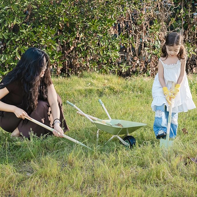 ROBOTIME Kids Wheelbarrow Set, 5PCS Kids Gardening Tool Set with Metal Toy Wheelbarrow, Shovel, Hoe, Broom & Gloves, Outdoor Yard Play for Planting, Sand, Leaves & Snow Fun, Gifts for Toddler 3+