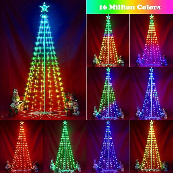 7FT Lighted Outdoor Christmas Tree, 295 LED Smart Cone Tree, Music Sync RGB Fairy Lights, LED Light Show, APP and Remote Control, Timer Function, Perfect for Outdoor Christmas Decorations