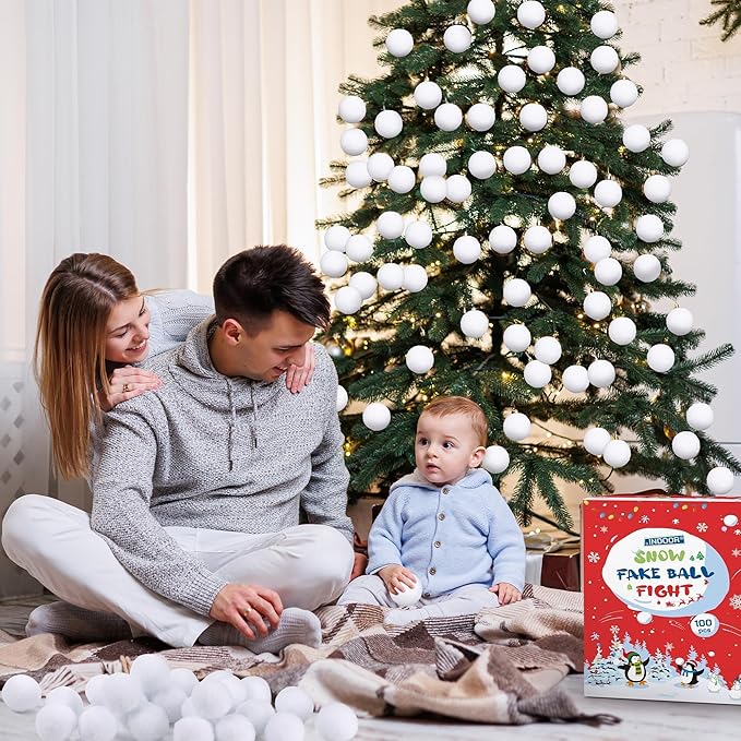 Fovths 100 Pack Snow Toy Ball for Kids 2 Inch Artificial Snow Fight Ball Set Realistic Fake Snow Toss Ball Set for Indoor & Outdoor Snow Fight Christmas Tree Decoration and Winter Family Toss Games