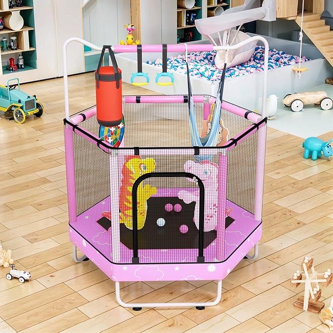 LAMERGE 55" 7-in-1 Round Trampoline for Kids Boys & Girls Ages 1-8, Indoor & Outdoor Trampoline for Fun, Adjustable Height Handrail ๏ผ Enclosed Safety Net ๏ผ Durable Designs for Toddlers Children