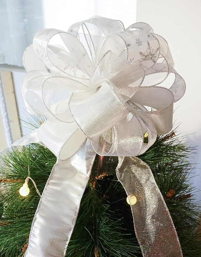 CT CRAFT LLC Sliver Snowflake Less Glitter Christmas Tree Topper Bow 11" with 4 Ribbon Streamers x 3 Yards Long Each for Holidy Elegant Fancy Home Décor Indoor