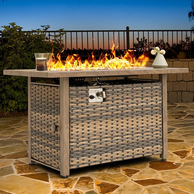 Nuu Garden 43¡± Propane Fire Pit, CSA-Listed Rattan Outdoor Fire Pit Table, 50,000 BTU Smokeless Gas Fire Table with Lid and Glass Beads, 2-in-1 Rectangular Fire Table for Outside Backyard Patio, Brown