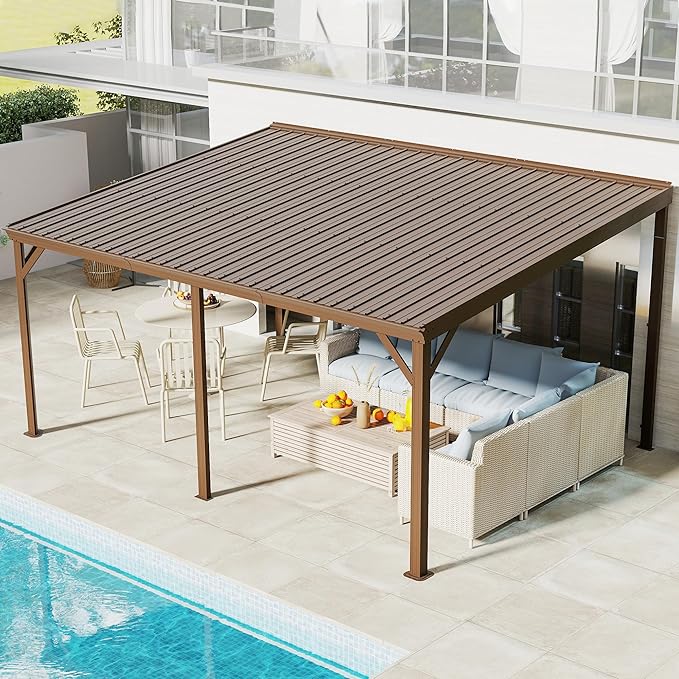 Domi 10' x 16' Lean to Gazebo, Wall Mounted Gazebos Pergola with Built in Drainage System, Galvanized Steel Roof, Hardtop Patio Shelter for Deck, Porch, Backyard and More,Brown