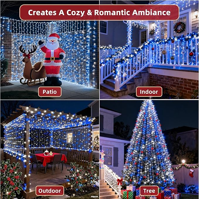 300 LED Outdoor Christmas Lights 75ft, 12 Lighting Modes Indoor String Lights Dimmable & Timer Memory, Outsite Waterproof Tree Lights for Xmas Garden Wedding Party Holiday Decorations Blue & White