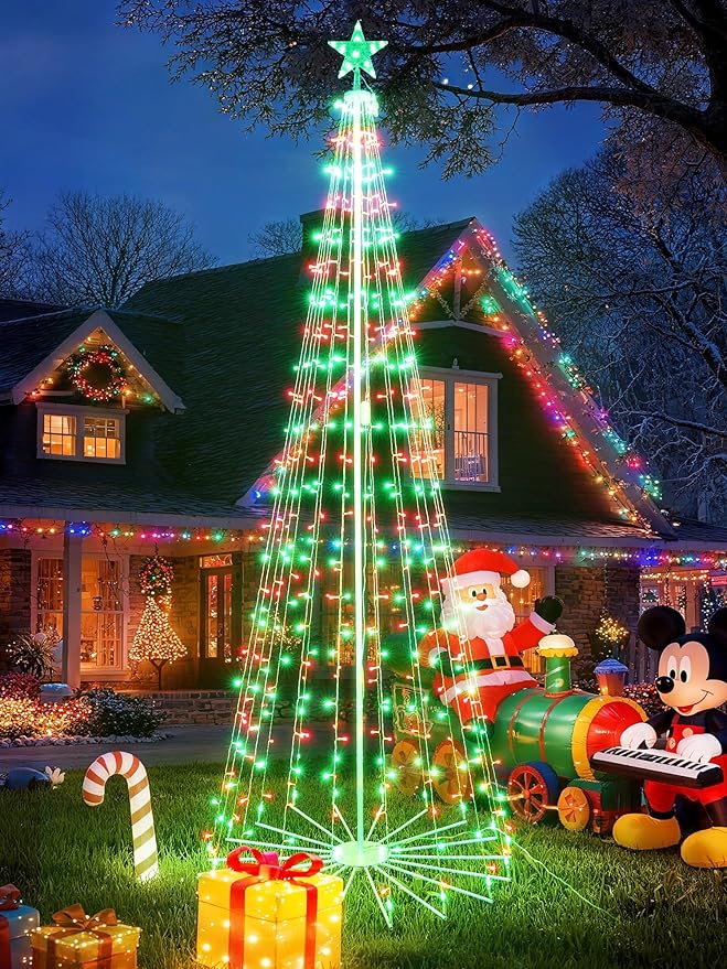 Flacchi Smart Christmas Cone Tree Lights - Star Tree Topper with Removable Bracket, App Control, Sync with Music, Waterfall Colored Lights for Indoor Outdoor Xmas Decorations (8.8FT/ String Lights)