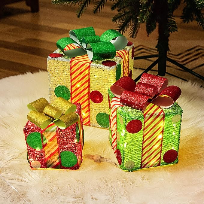 Christmas Lighted Gift Boxes: 3Pack Boxes with led Lights, Pre-lit Present Box with Bowknot Holiday Decorations, Grinchmas Table Centerpieces for Indoor Outdoor Yard Decor