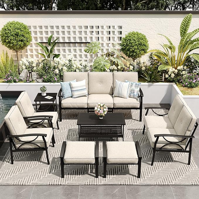 8-Piece Outdoor Patio Furniture Set, Outdoor Metal Sectional Furniture with Cushions, Outdoor Conversation Seating Set with Side Table for Deck, Backyard, Garden, Balcony, Black