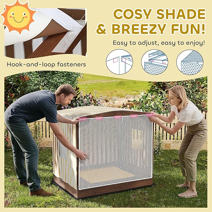 Qaba Kids Wooden Sandbox with Canopy, Large Wood Sand Pit with Mesh Door, 2 Bench Seats, Bottom Liner, Outdoor Snad Box for Backyard, Garden, Patio, Beach, Brown