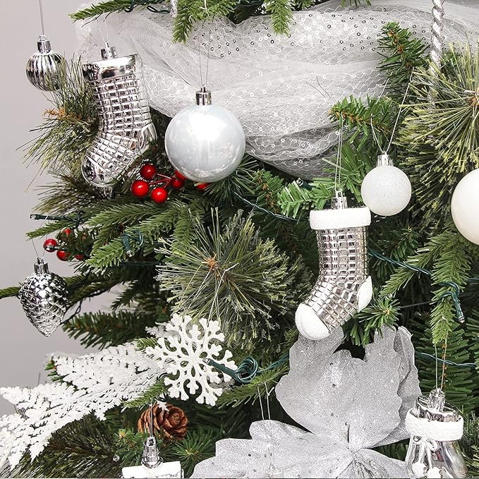 Christmas Tree Ornament Set - 132pcs Silver Ball Decoration, Shatterproof Hanging Ornaments, Large and Small Assortment for Holiday Party Decor