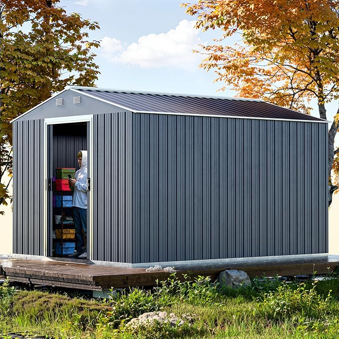 10x8 FT Outdoor Storage Shed, Large Garden Tool Metal Sheds with Sloping Roof and Lockable Door, Outdoor Storage Shed for Backyard Garden Patio Lawn, Grey