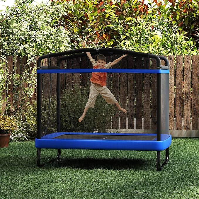Goplus 6 x 4 FT Rectangle Trampoline for Kids, Indoor Outdoor Toddler Trampoline with Swing, Gymnastics Bar & Safety Enclosure Net, ASTM Approved Gift for Children Boys Girls