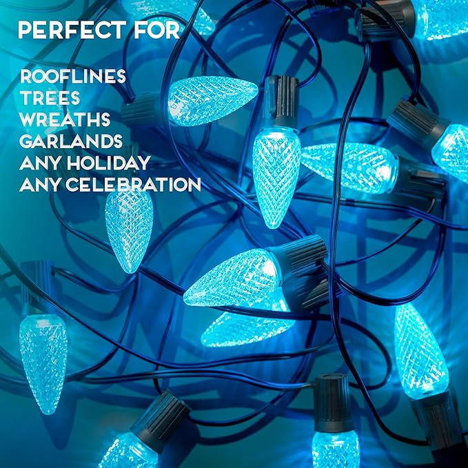 HLO Lighting Set of 25 Teal C9 Faceted LED Christmas Light Bulbs for Indoor & Outdoor Use | Durable Replacement Bulb