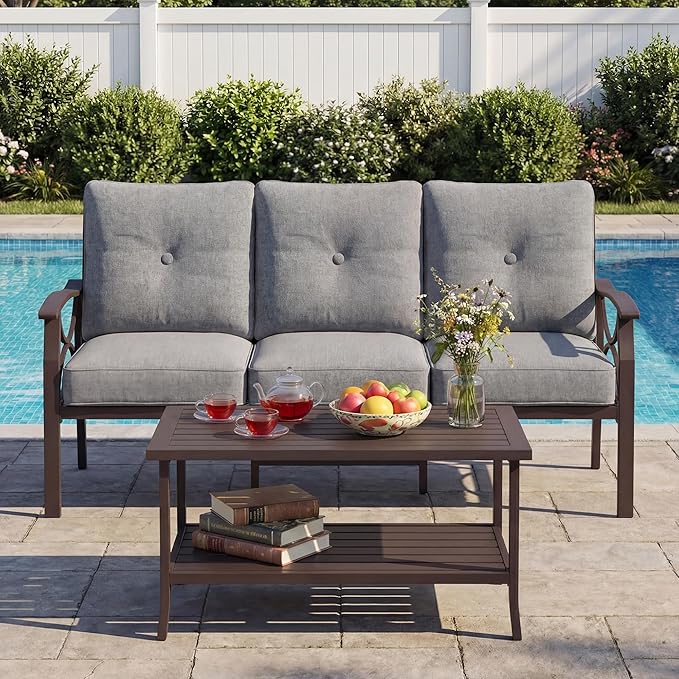 3 Seats Outdoor Patio Furniture Set, Outdoor Metal Sectional Furniture with Cushions, Outdoor Conversation Set with Coffee Table for Garden, Deck, Balcony, Backyard, Grey